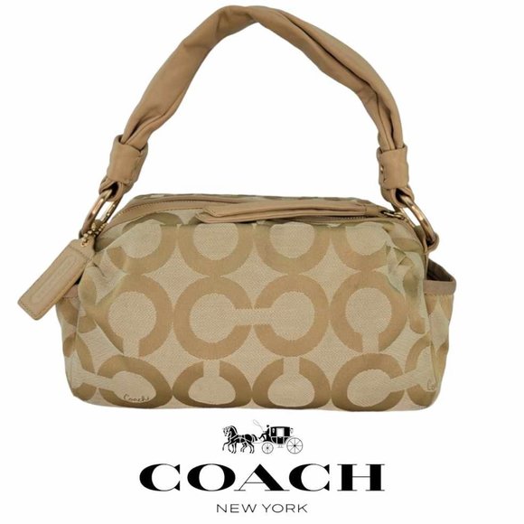 Coach Handbags - Coach Beige Canvas and Leather Op Art Parker Medium Hobo
